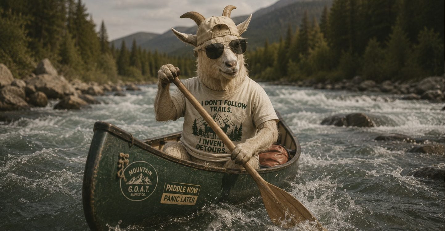 The MGSC goat in sunglasses and an I Invent Detours tee, paddling a Mountain G.O.A.T Supply Co. canoe through rapids
