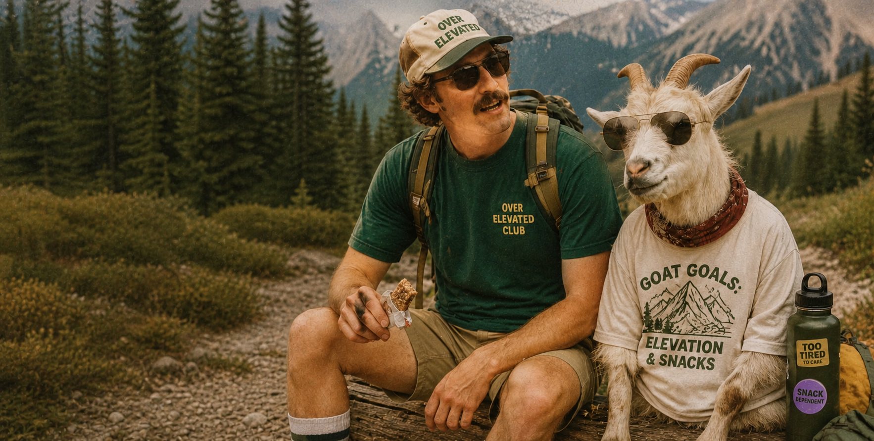 A hiker in an Over Elevated Club tee sharing a granola bar with a goat in sunglasses and a Goat Goals tee, mountains behind them